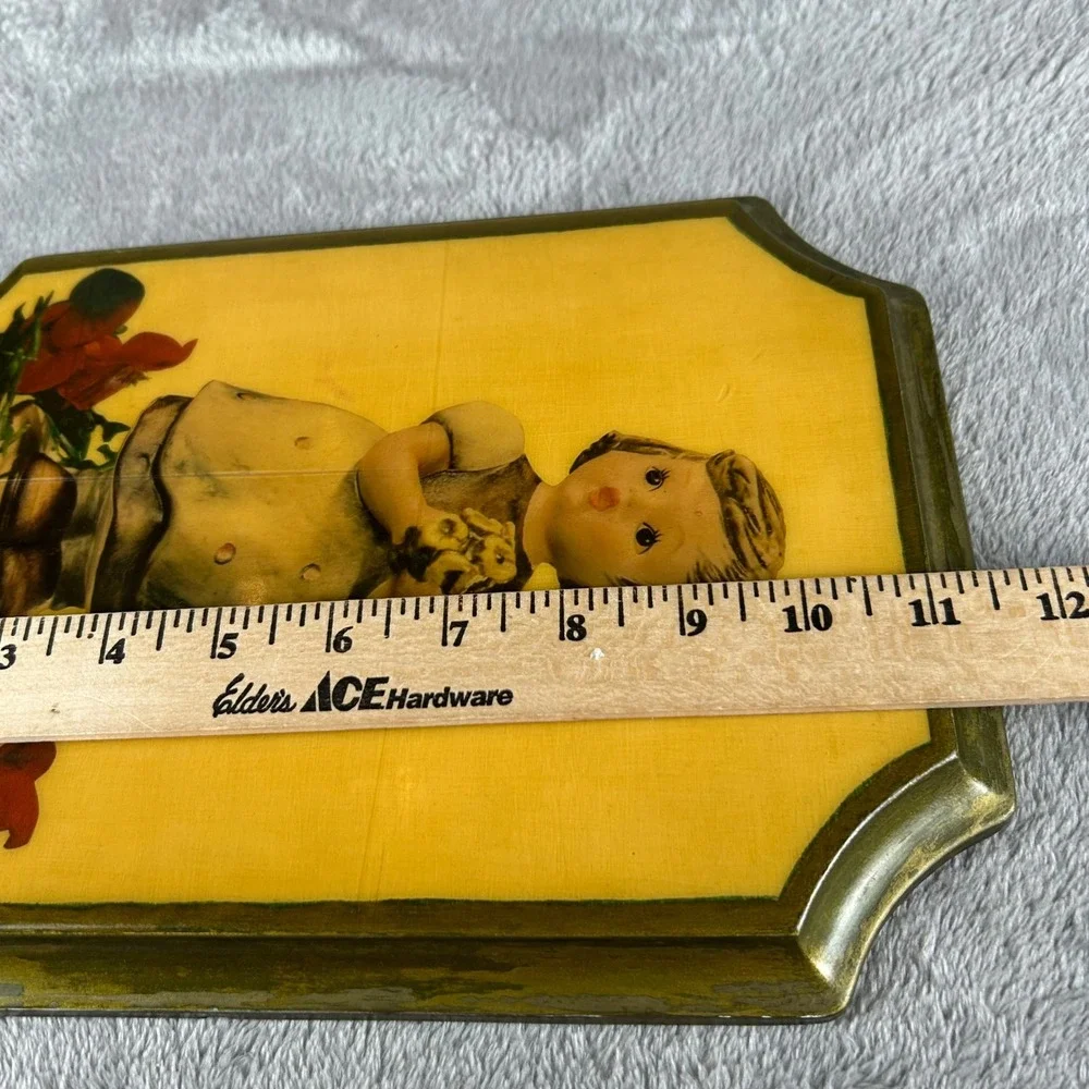 Vintage Hummel Style Wooden Wall Plaque Girl with Flowers 1974 Decor 11.5x8.25